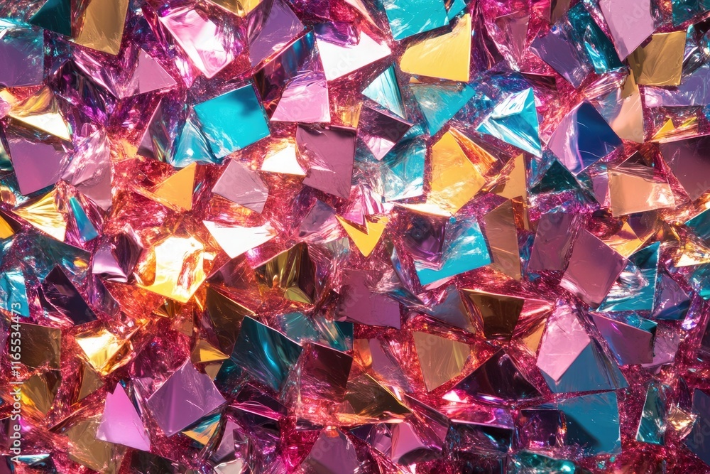 Poster macro closeup of sparkling iridescent crystal, showing vibrant colors and geometric shapes