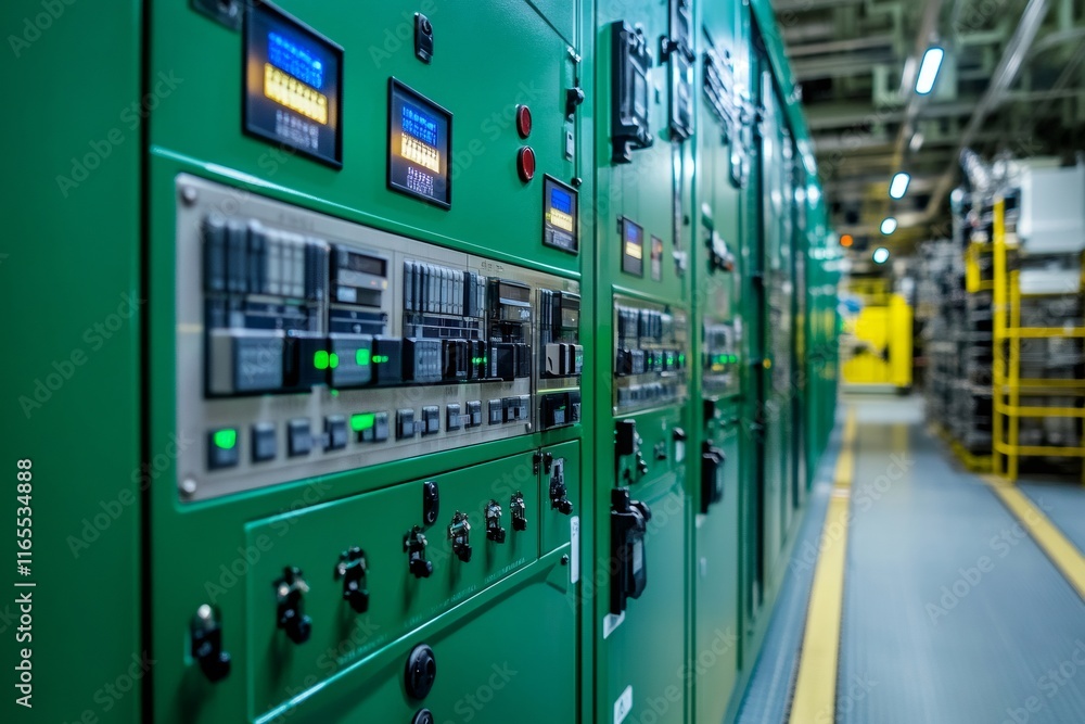 Poster electrical control panels displaying monitoring information in industrial setting