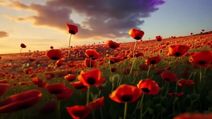 The video showcases a red poppy field, swaying gracefully in the wind, with its vibrant petals revealing intricate details and textures