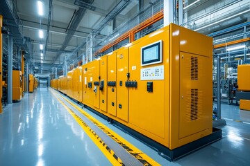 Yellow electrical cabinets distributing electricity in a modern industrial production plant