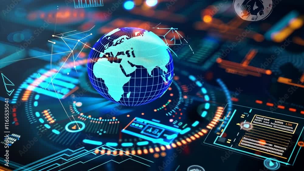 Fototapete futuristic digital globe data visualization and technology enhancing global connectivity and informa