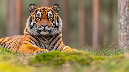 Obraz premium Regal Tiger Resting Gracefully on Lush Green Grass in a Forest Setting