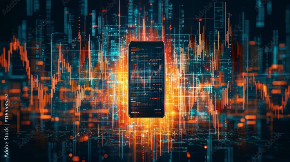 Aufkleber a smartphone surrounded by glowing data streams and graphs, representing technology and digital fina