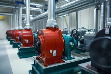 Fototapeta premium Red industrial pumps with metal pipes in a modern factory