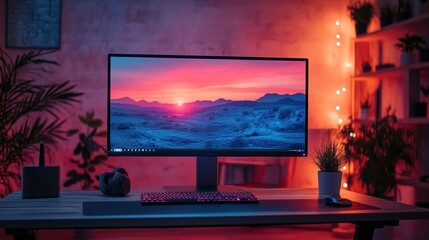 Sunset desktop, keyboard, headphones, plants, red lighting.