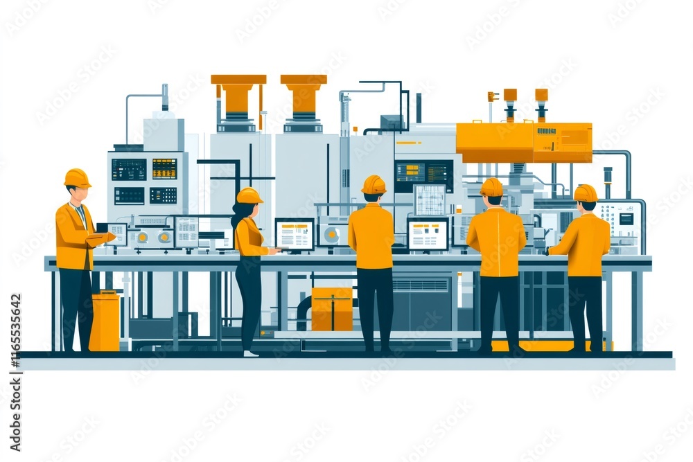 Aufkleber engineers and technicians monitoring and controlling industrial production line