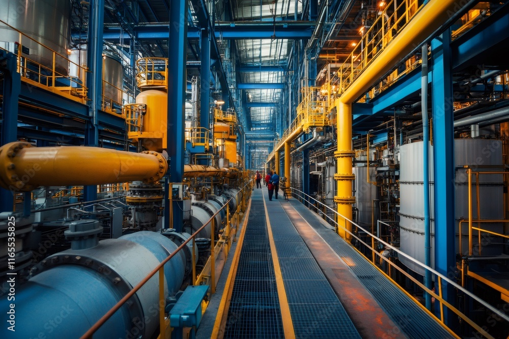 Poster engineers inspecting pipeline system in modern industrial factory