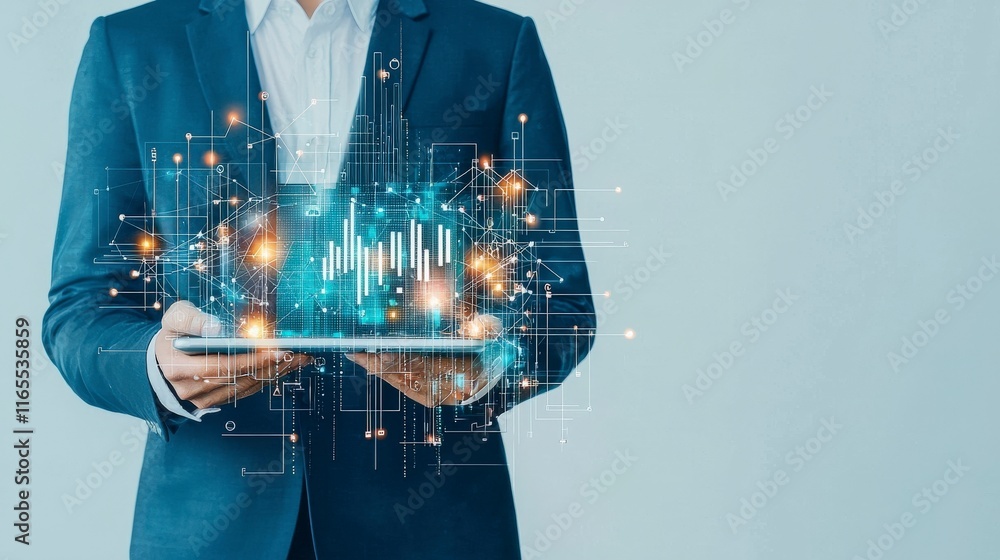 Poster a businessman holds a tablet displaying digital data visuals, symbolizing technology and innovation 