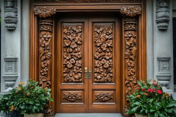Obraz premium Elegant carved wooden door with floral design enhancing building facade