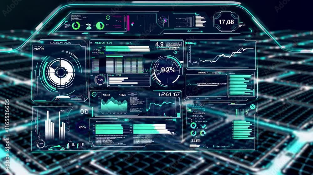 Poster innovative data visualization interface showcasing real-time analytics and information processing in