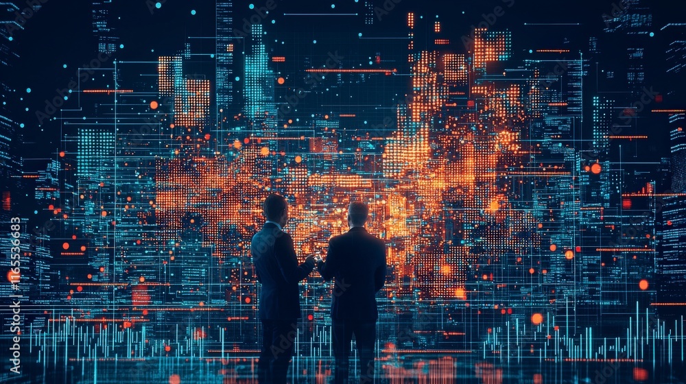 Poster two figures observe a vibrant digital data visualization, showcasing a network of information and an