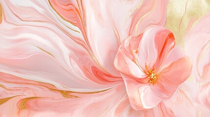 Fototapeta premium Abstract marble marbled stone ink liquid fluid painted painting texture luxury background banner - Pink petals, blossom flower swirls gold painted lines