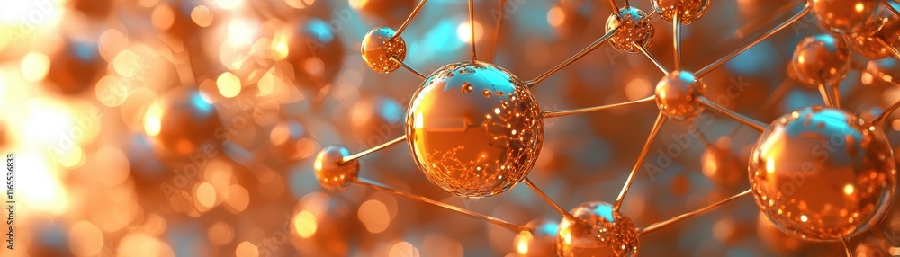 Poster a close-up view of interconnected spheres representing atomic structures, showcasing vibrant colors 