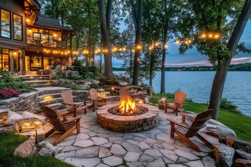 Ambient light strands create a warm atmosphere around the firepit.