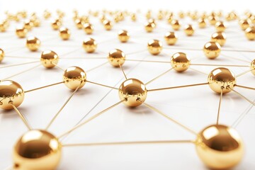 A close-up view of interconnected golden spheres, representing a network or molecular structure, set against a light background, network illustration