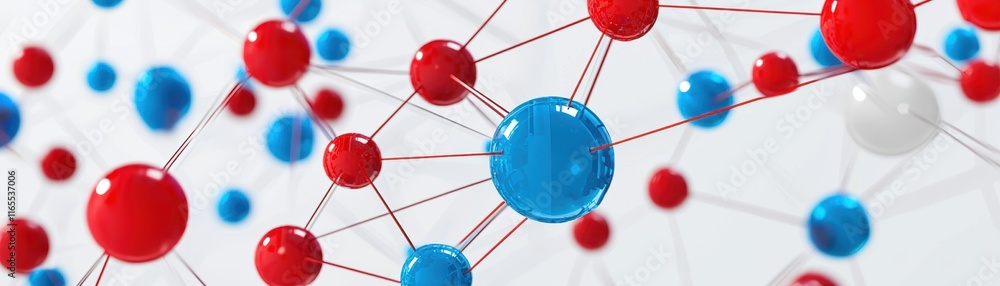Poster a close-up image of interconnected red and blue spheres, representing molecular structures or chemic