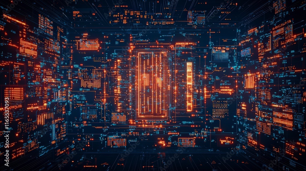 Aufkleber vibrant digital abstract showcasing glowing lines and circuits in a technology-inspired design, emph