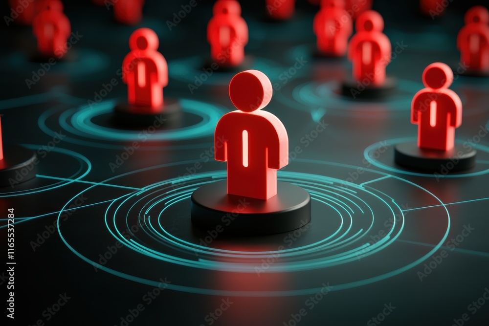 Poster red figures represent individuals in a digital network, surrounded by circular patterns, symbolizing
