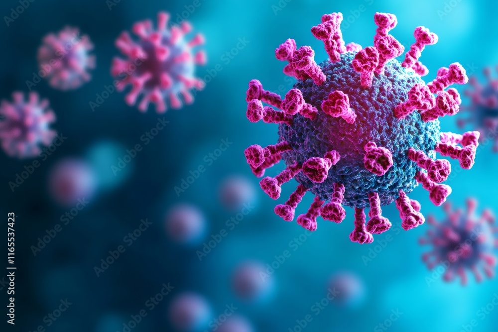 Poster microscopic view of coronavirus cells floating in a blue environment