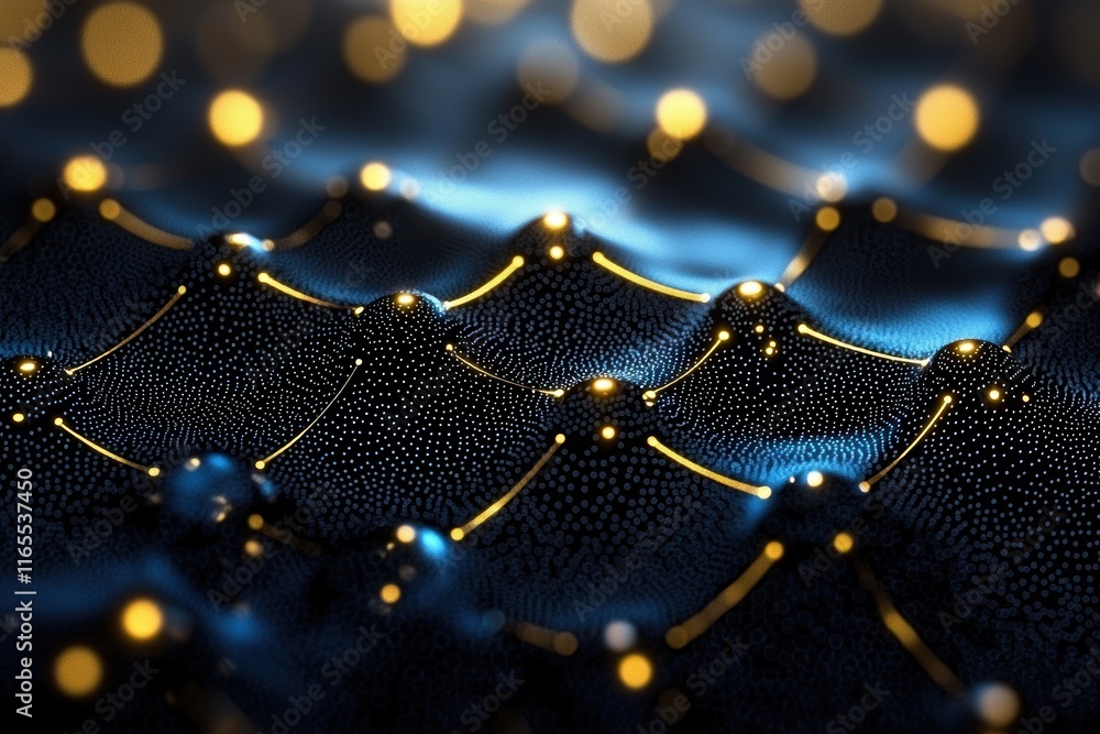 Poster a close-up view of a textured surface resembling a network, illuminated with soft glowing lights aga