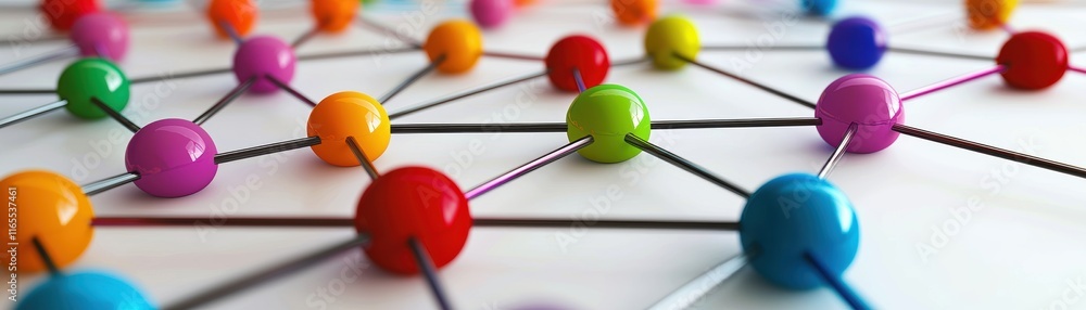 Poster a colorful network of interconnected nodes on a white background, representing connections and relat