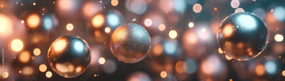 Poster abstract image featuring reflective spheres surrounded by colorful bokeh lights, creating a mesmeriz