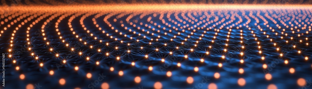 Poster a mesmerizing array of glowing dots creates a wavy pattern, blending warm and cool colors against a 
