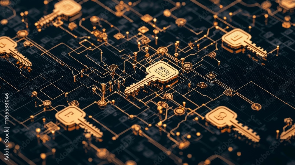 Poster digital illustration of interconnected golden keys on a dark circuit board, symbolizing cybersecurit