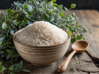 Macro shot of round rice in a wooden cup with a spoon surrounded by greenery on a rustic wooden table setting