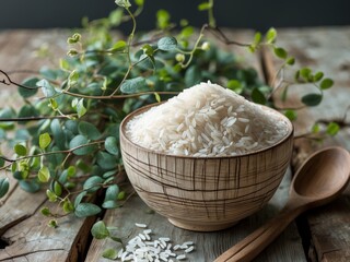Macro shot of round rice in a wooden cup with a spoon surrounded by greenery on a rustic wooden table setting