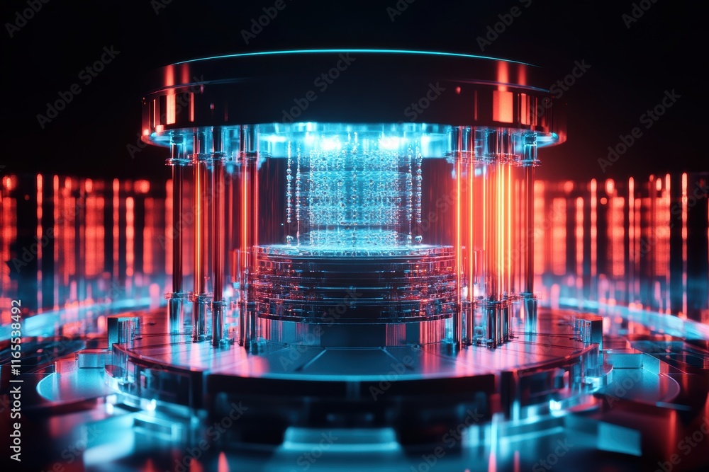 Poster conceptual representation of a cutting-edge quantum computer in a futuristic environment
