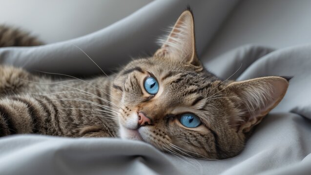 Closeup of a relaxed tabby cat with vivid blue eyes gazing softly while lying on a grey fabric