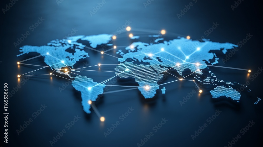 Poster global networking and connections symbolizing international communication technology. 88 characters.