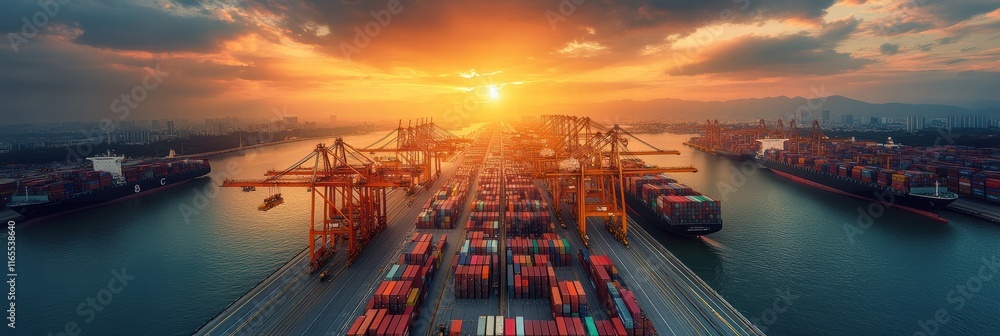 Poster container terminal operations at sunset with cranes loading ships and cargo