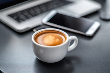Espresso cup placed on a desk beside a laptop and smartphone in a cozy workspace