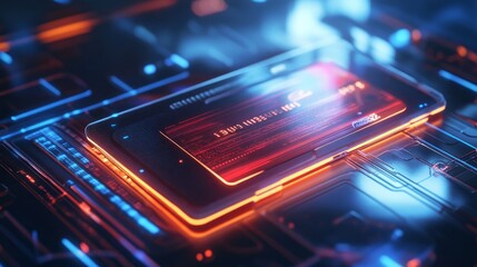 Obraz premium A close-up of a futuristic, contactless bank card on a shiny surface with glowing edges. 