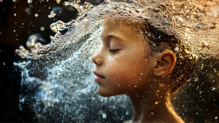 Obraz premium A boy taking shower, eyes closed, face partially obscured by water droplets or mist, in bathroom.
