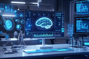 A digital brain with data visualizations and graphs in the background,