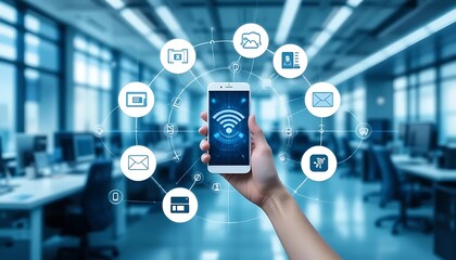 Obraz premium hand holding smartphone with social icons. communication with wifi icon business communication social background office