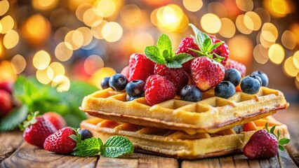 Deliciously Decorated Waffles with Fruit - Bokeh Background