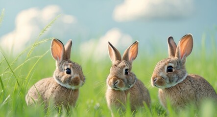 Fototapeta premium Adorable Rabbits in Sunny Green Grass Spring Nature Scene