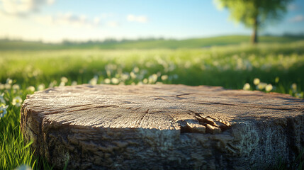 Fototapeta premium The edge of a log table, with green grass in the background, blurred grass in the distance.