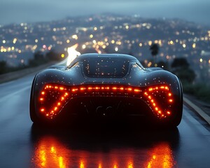 Futuristic sports car on wet highway at night, city lights blurred in background.