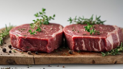 Two Raw Beef Steaks with Herbs and Peppercorns