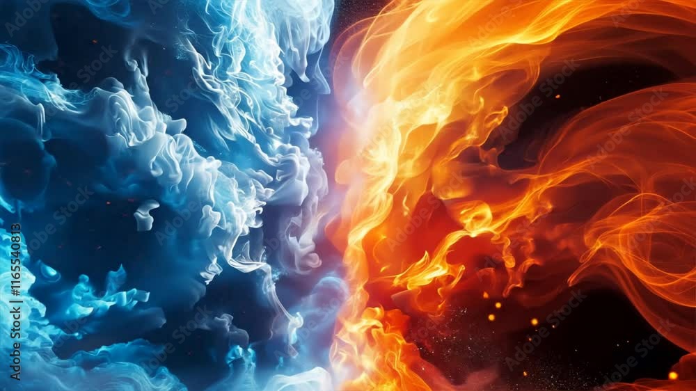 Poster dynamic blue and orange flames and smoke vibrant contrast of fire and ice, evoking energy and moveme