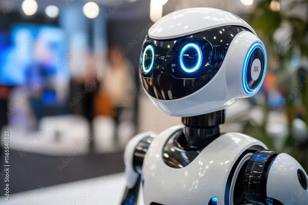 Poster modern robotic assistant showcased at a technology expo with advanced features and design
