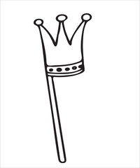 Vector doodles hand drawn birthday party staff, funny crown on stick, birthday decorations, festive doodles