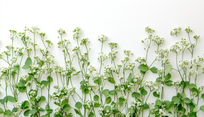 Fototapeta premium Delicate Spring Flowers Design Banner Soft Green Floral Arrangement on White With Copy Space.