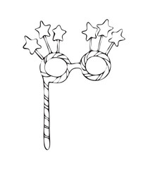 Vector doodles hand drawn birthday party staff, funny starry eyeglasses, birthday decorations, festive doodles