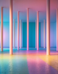 Colorful Modern Interior with Bright Pillars and Vibrant Floor
